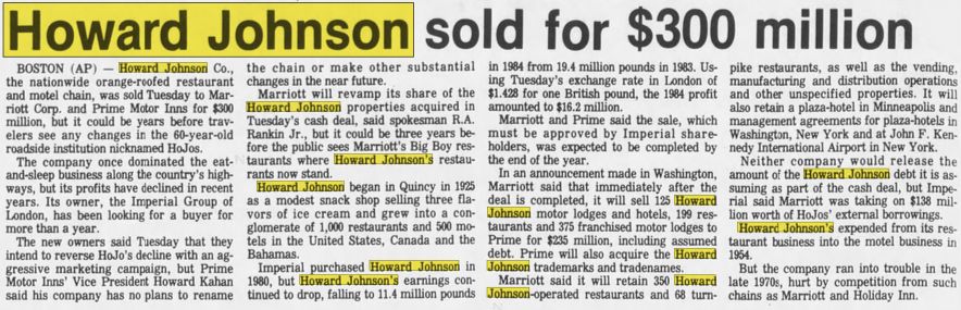 Howard Johnsons Restaurant - Sept 1985 - Sold